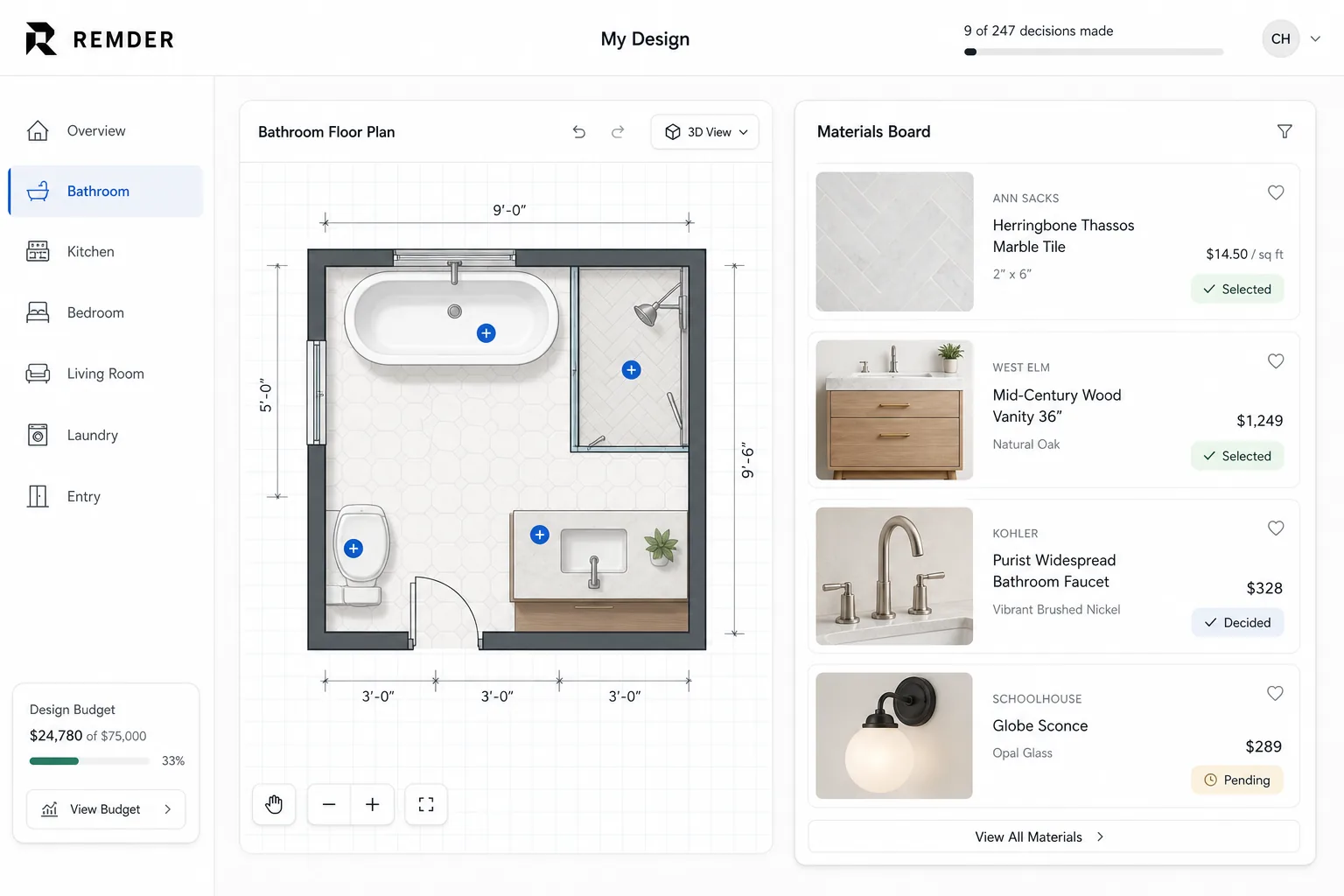 Remder app dashboard showing a bathroom layout and a materials board